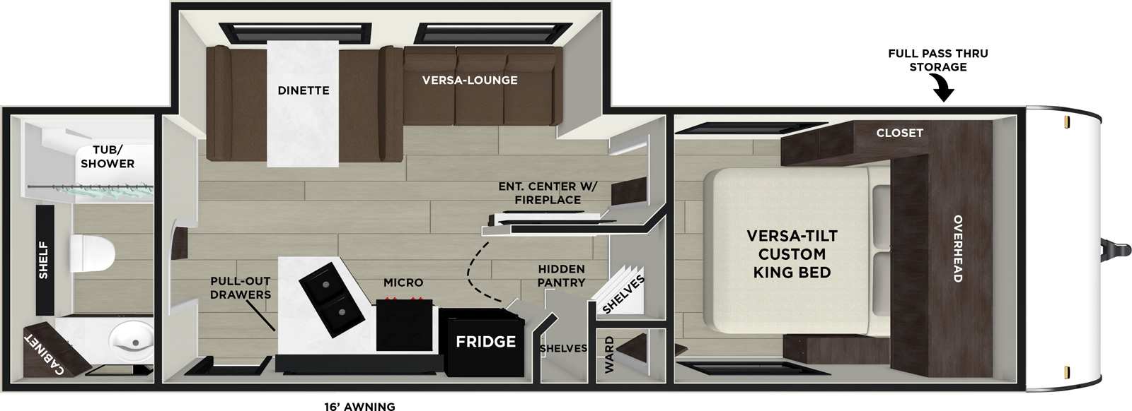 The Evo 25ICE floorplan has one entry and one slide out. Exterior features include: metal exterior, 16' awning and outside kitchen. Interiors features include: rear bathroom.